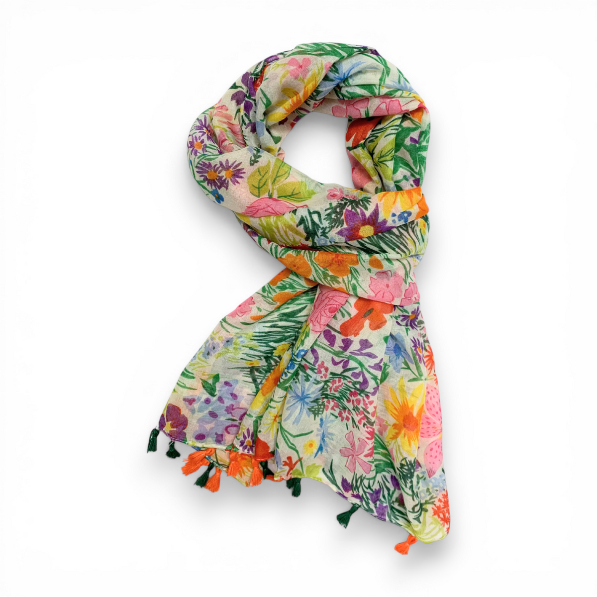 Happy Garden Floral Print Cotton Blend Scarf