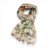 Flower Birds Print Cotton Blend Scarf